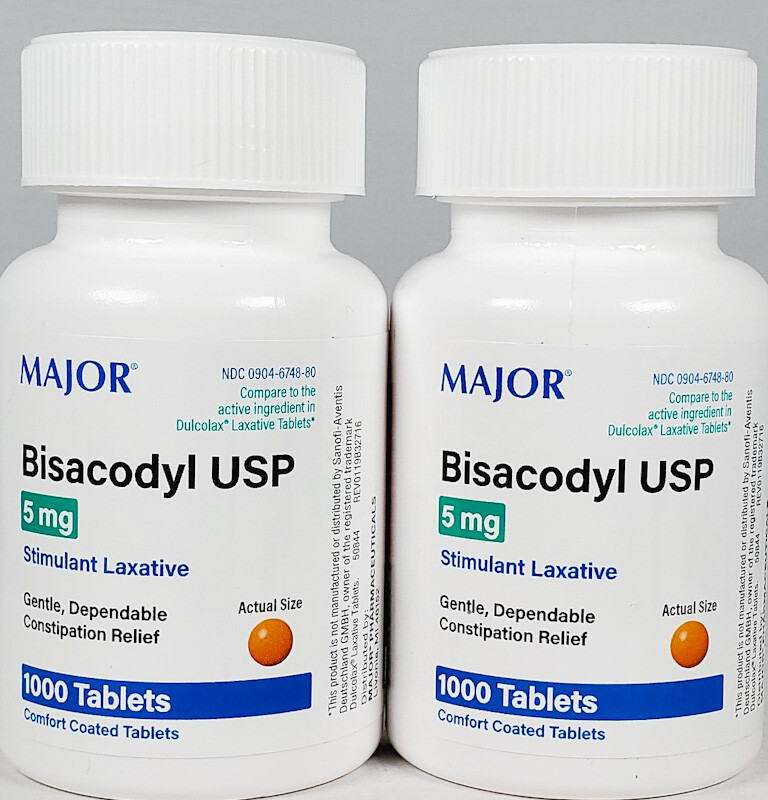 Major Bisacodyl 5 mg 1000 Count Bottle -2 Pack - Expiration Date 10-2028