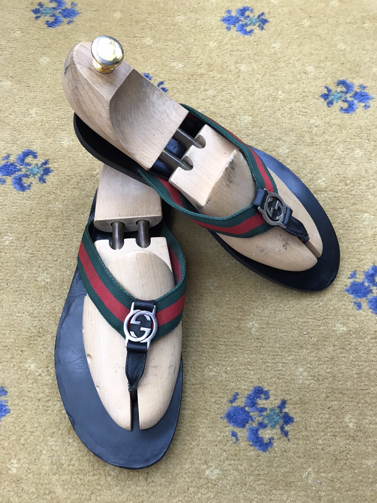 Gucci Sandals Leather Shoes Thong Black Web Green Red Metal G Men UK 10 US 11 44 thumbnail 3