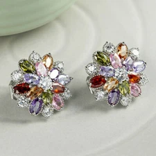 Multi-Color Natural Amethyst Citrine Garnet Silver Clip On Stud Flower Earrings