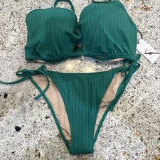 NWT Shade Shore solid Green ribbed Strappy Bikini Top 38D Bottoms L