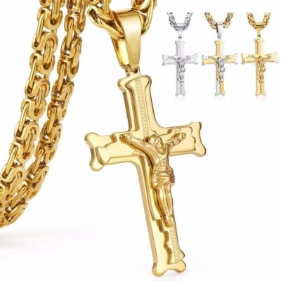 AMELENA Cadena Cruz Deluxe Jesús Colgante Cadena Real Acero Inoxidable Macizo Collar Hombre