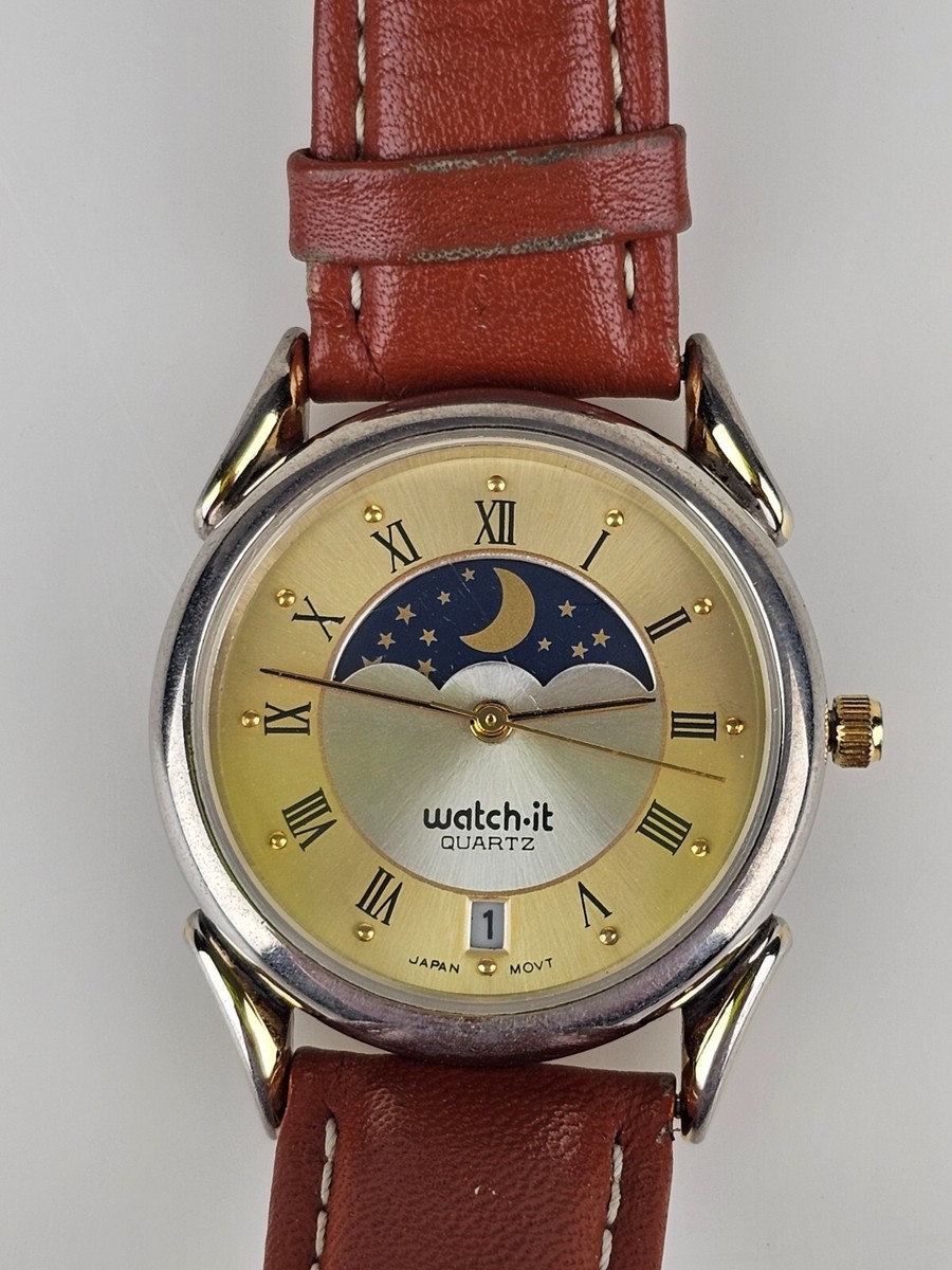 Watch-It Nelsonic Moon Phase Calendar Day Gold Tones Wrist Watch Works  Vintage