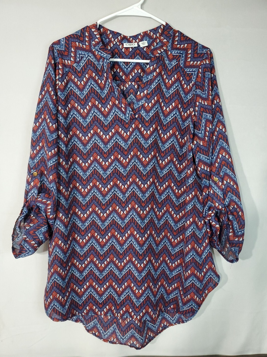 CATO Blouse Women's Size Large V-neck Sheer Pullover 3/4 Roll Tab Sleeve