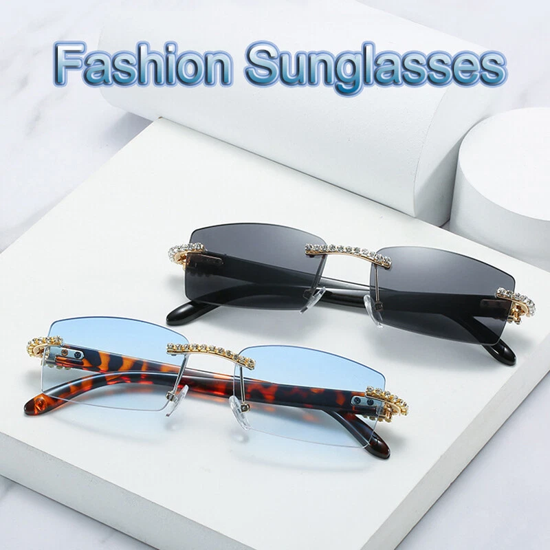 Moda Gafas de sol rectangulares sin montura Mujeres Hombres Años 90 Vintage Cuadradas UV400 Gafas Foto 2 de 4