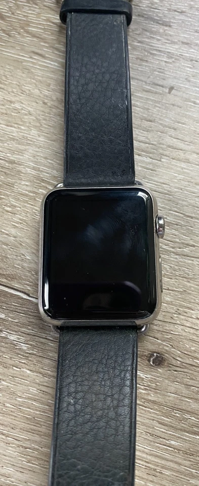 Apple Watch 42mm case 316L Stainless Steel Sapphire Crystal Black Leather Band - Image 3 of 4