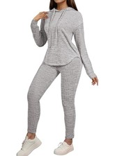 Women's Ribbed Lounge Set With Hood And Sweatpants Jogger Sets Two-Piece Outf...