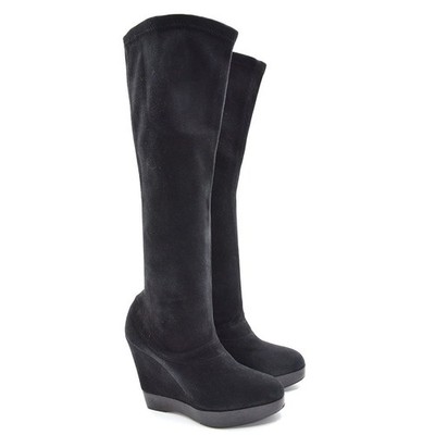 Jil Sander Elastic Slim Shaft Boots Womens size 37 / 7 Black Suede Heels Shoes