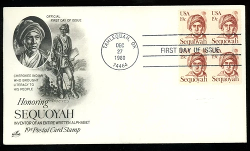 AMERICAN INDIAN SEQUOYAH INVENTED WRITTEN CHEROKEE LANGUAGE ARTCRAFT BLOCK FDC