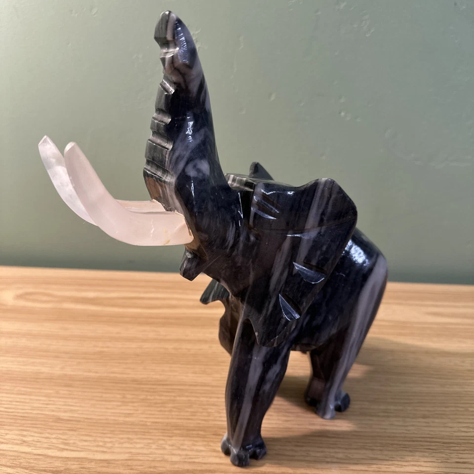 Black Onyx Marbled Hand Carved Elephant Figurine Statue Lucky Trunk Up 10x9”Hvy - Image 2 of 4