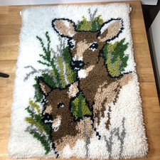 VTG Deer Handmade Latch Hook Wall Hanging Rug Finished with Rod DOE AND FAWN
