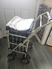 4-Wheel Foldable Rollator Walker, Grey Metal Frame, Plaid Seat & Storage Bag