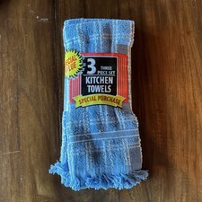 New Kitchen Towels 3 Piece Set Blue Terry Cloth Fringe NOS Vintage Style