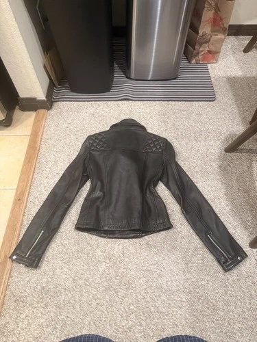 AllSaints Catch Biker Men's Leather Jacket Black SIZE 0 Slim Full Zip Moto Short image 6