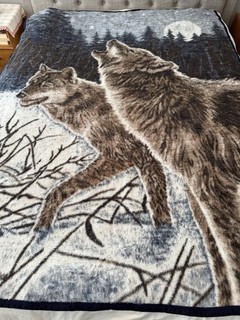 VTG 90s Biederlack Wolves Winter Moon Blanket Signed James Hautman 57X75”