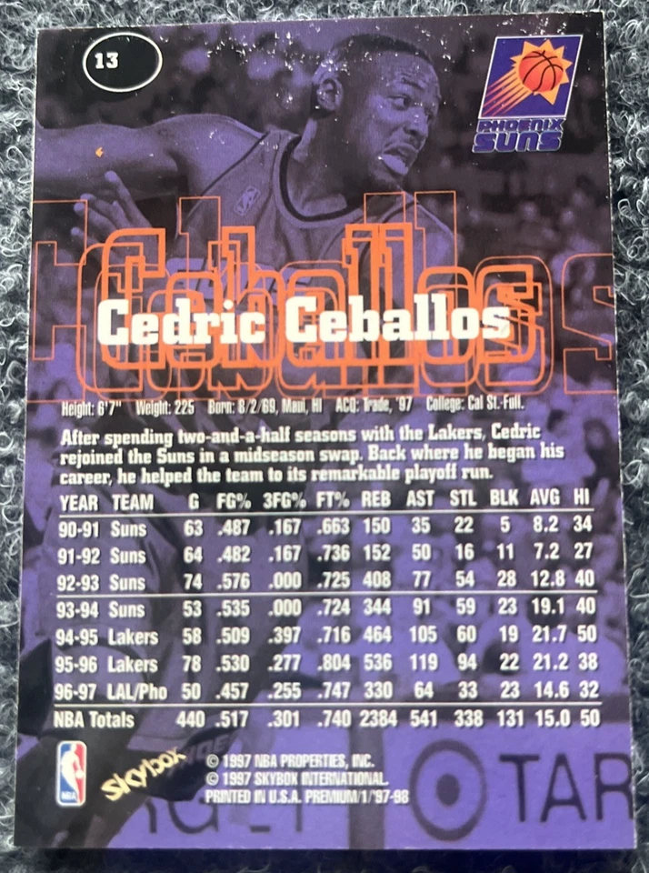 Tarjeta de baloncesto Cedric Ceballos #13 1997 SkyBox Premium Phoenix Suns NBA casi nueva Foto 2 de 2