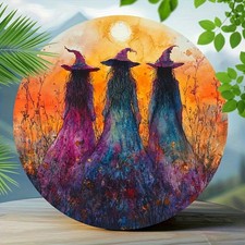 Triple Witch Halloween Round Metal Wall Art Purple Hues