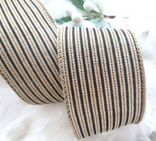 1m x 63mm WIRED Burlap CHRISTMAS RIBBON Natural & Black Stripe  GIFT TREE  BOW