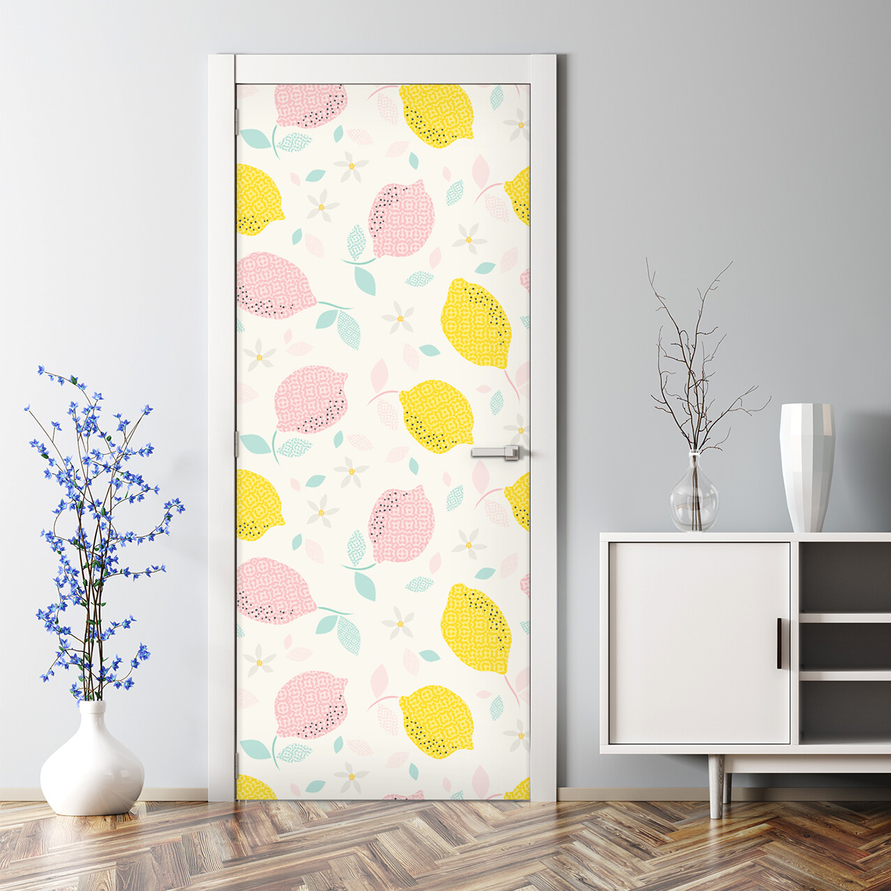 Removable Door sticker Lemon with Flowers Exotic Watercolour Self adhesive Decor