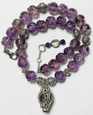 Handcrafted Carved Amethyst Knots Bali Beads Sterling Silver Pendant Necklace