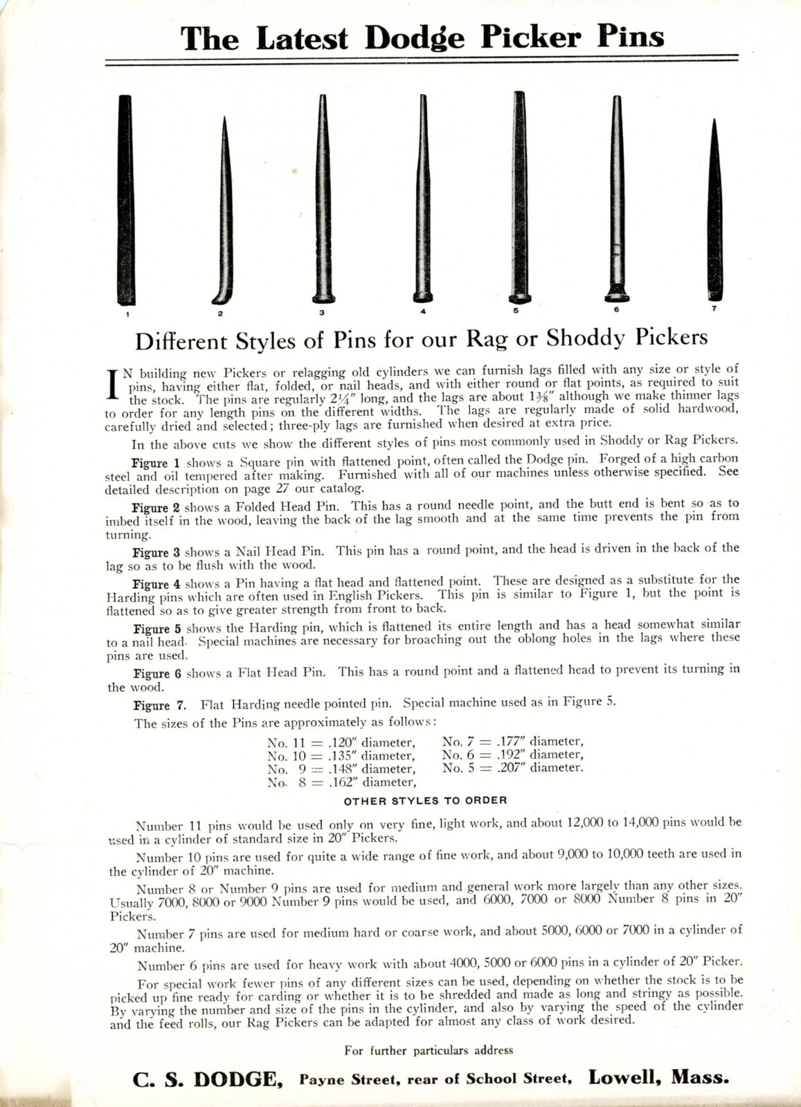 Dodge Picker Pins for Rag & Shoddy C S Dodge Lowell Massachusetts sale ...