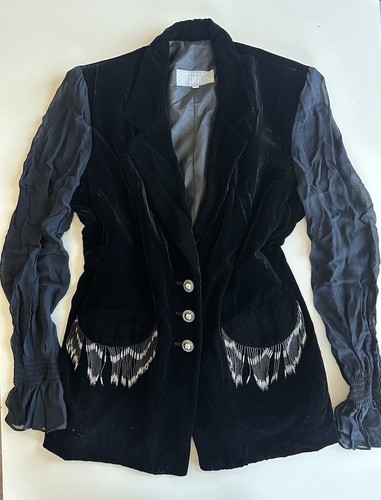 Vtg Dorothy Schoelen Black Velour Silk Beaded Tassels Sheer Sleeves Jacket Sz L