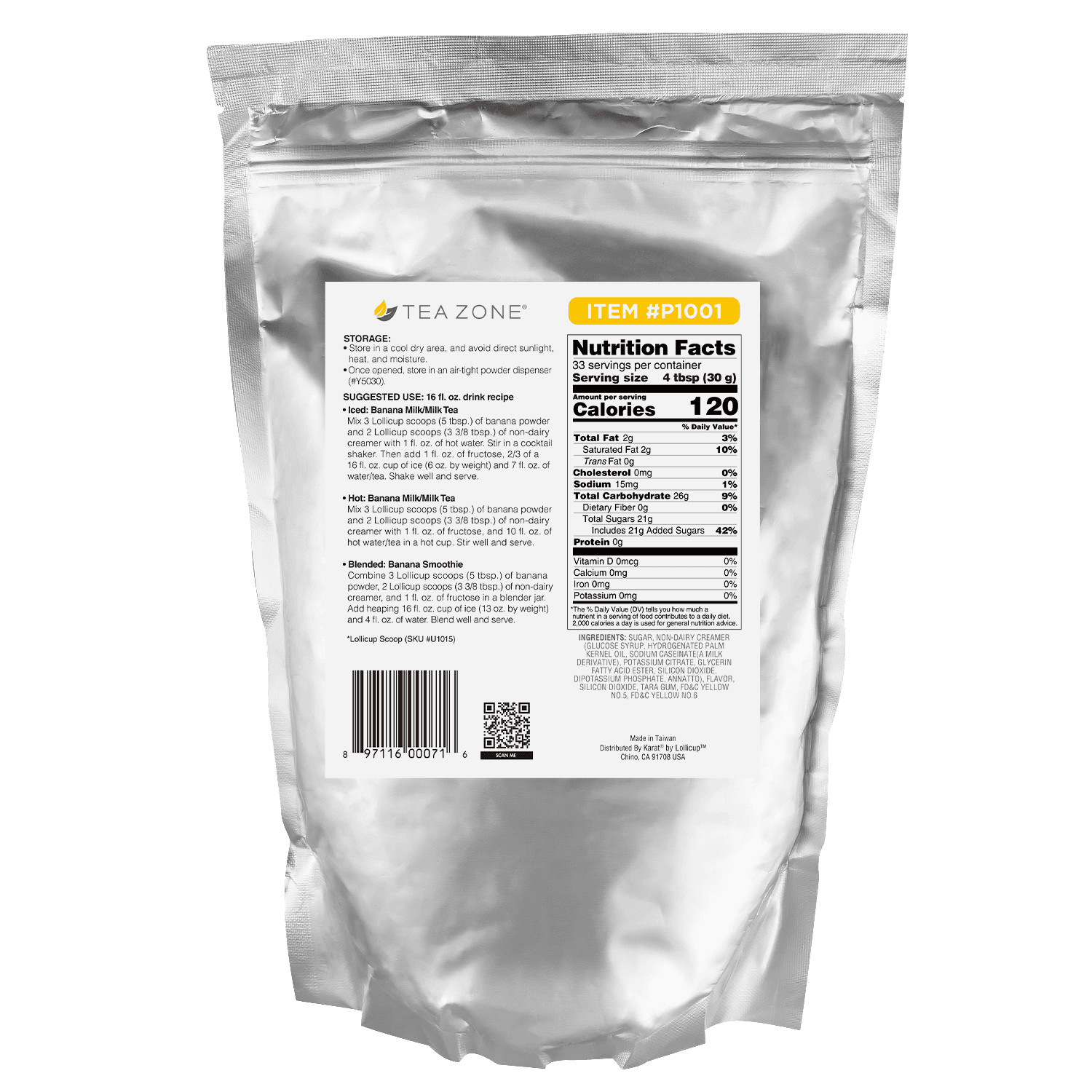 Tea Zone Banana Powder/Powdered Mix (2.2 lbs, P1001) for Milk Tea/ Banana Milk