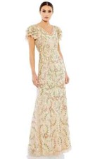 Mac Duggal Nude Multi Ruffled Cap Sleeve Embellished Evening Dress Sz 16 $498