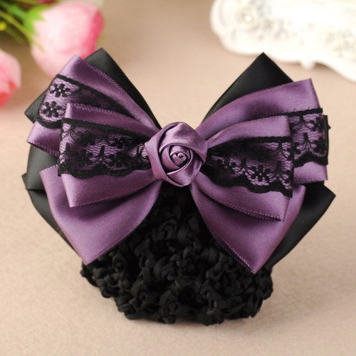 Women Satin Bow Barrette Double Bowknot Hair Net Hair Bun Barrette Hair Clip▱ - Picture 67 of 109