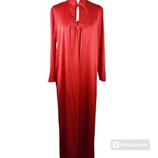 VTG Red Satin Peignoir Set Robe Nightgown Maxi Embroidered S Old Hollywood Glam
