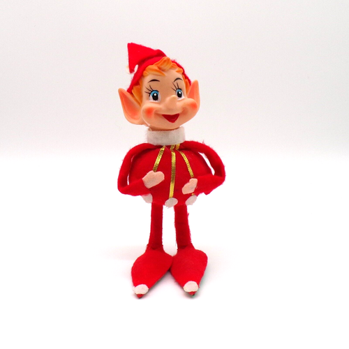Vtg Japan Christmas Elf Pixie Standing Red Gold Rubber Felt 6" MCM Kitschy Orn
