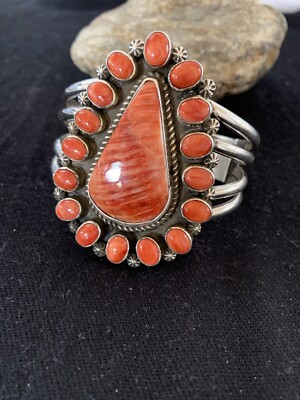 Native Spiny Oyster Cluster Navajo Sterling Silver Cuff Bracelet 4954