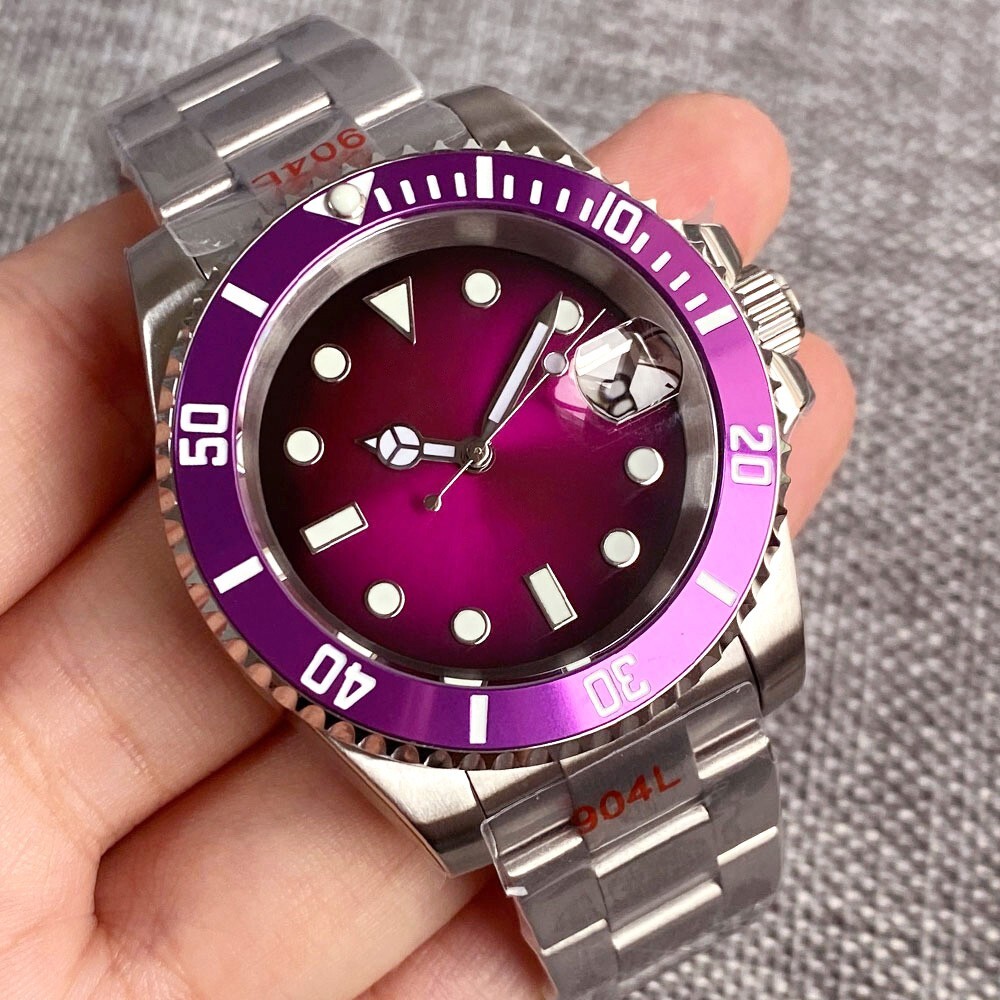 Diving 40mm NH35A Purple Dial Lume Automatic Men Watch Stainless