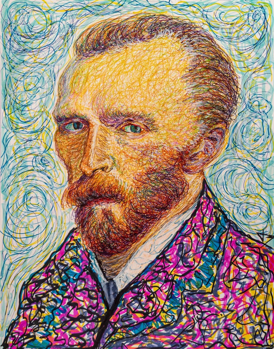 Vincent Van Gogh Original 11x14 Pen and Marker Drawing Colorful