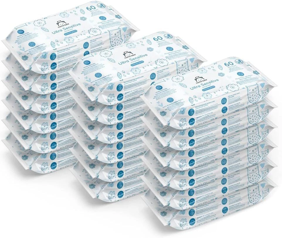 Product Image for Amazon Brand - Mama Bear Ultra Sensitive Baby Wipes, 60 count (Pack of 18)