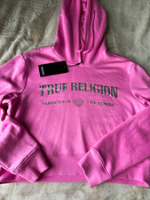 True Religion Foil Arch PO Hoodie Pink Logo Fleece Cotton Blend Women M