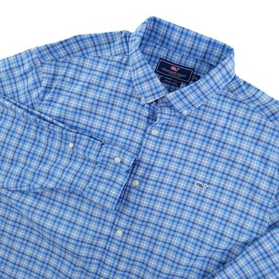 Vineyard Vines Whale Shirt Mens 2XL Blue Plaid Long Sleeve Button Down Stretch