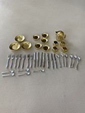 Vintage Dollhouse Forks, Spoons, Knives, Cutlery And Gold Dishes Pitcher Cups