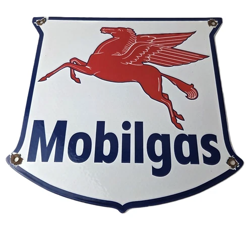 Vintage Mobilgas Sign - Porcelain Mobil Gasoline Pegasus Shield Gas Pump Sign