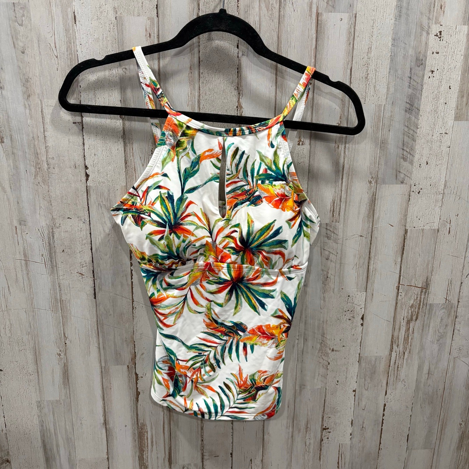 Ellen Tracy White Tropical Floral Tankini Top Keyhole Womens Size 8 Swim