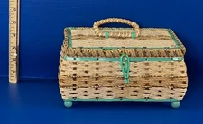 Vintage Woven Wicker Sewing Basket & Music Box WORKS!  Beige Blue Satin Lining