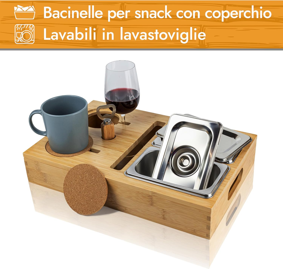 NewHabitat | Couchbar snack box in bambù con confezione regalo | Vassoio per divano con 2 ciotole per snack, 2 portabicchieri con sottobicchiere, coperchio magnetico, supporto per cellulare