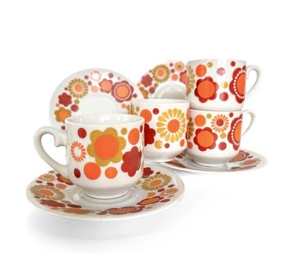 Groovy Vintage 70 s Orange Flower Power Espresso Cups & Saucers Service for 4