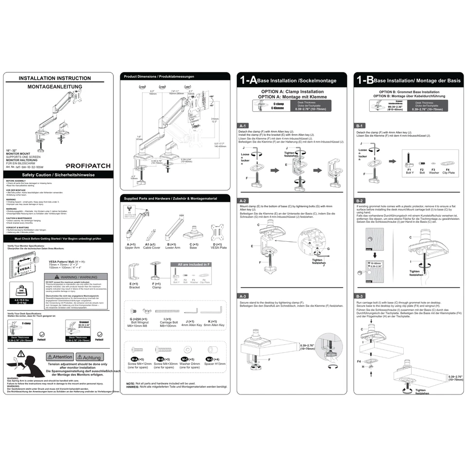 ProfiPatch Monitor Halterung Tisch höhenverstellbar 10-32 Zoll bis 10kg schwarz - Bild 2 von 4