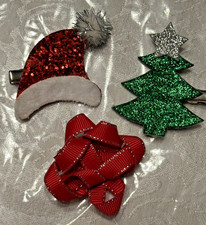 Baby Infant girl 3 pc Lot CHRISTMAS Holiday Santa Hat Tree Ribbon Hair Bow Clips
