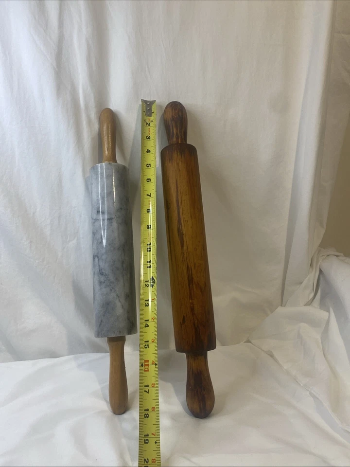Mármol para hornear cocina vintage (pesado y madera 18" pasadores enrollables asas de madera Foto 4 de 4
