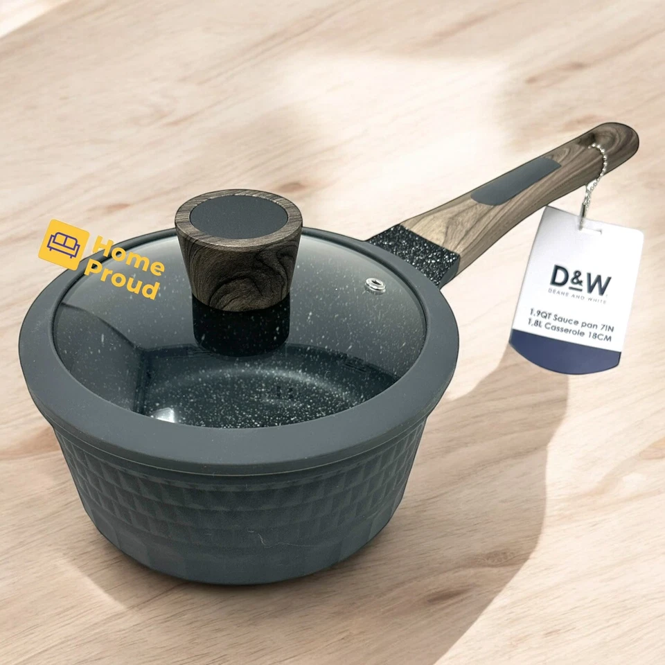DEANE AND WHITE D&W Saucepan Casserole Pot NonStick With Lid 7 inch Small StockPot 1.9 Qt Gray