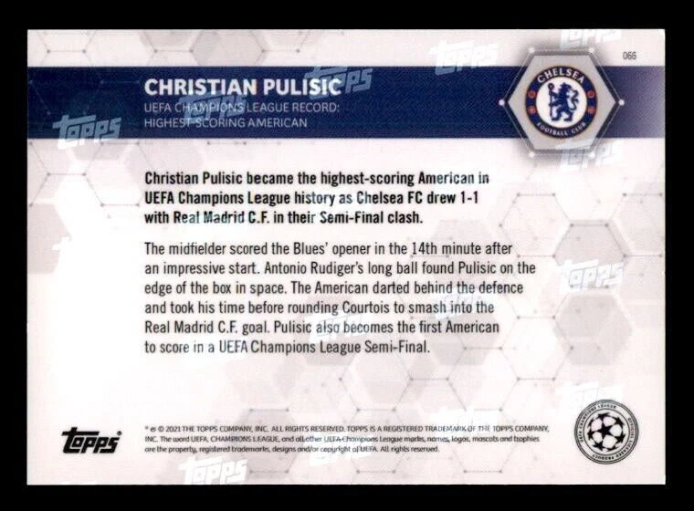 2020-21 Topps Now CHRISTIAN PULISIC #66 UEFA Champions League Chelsea */4,887 - Image 2 of 2