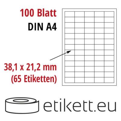 Klebeetiketten DIN A4 Blatt weiß 21,2 mm x 38,1 mm (Laser,Inkjet,Kopierer) 100 B