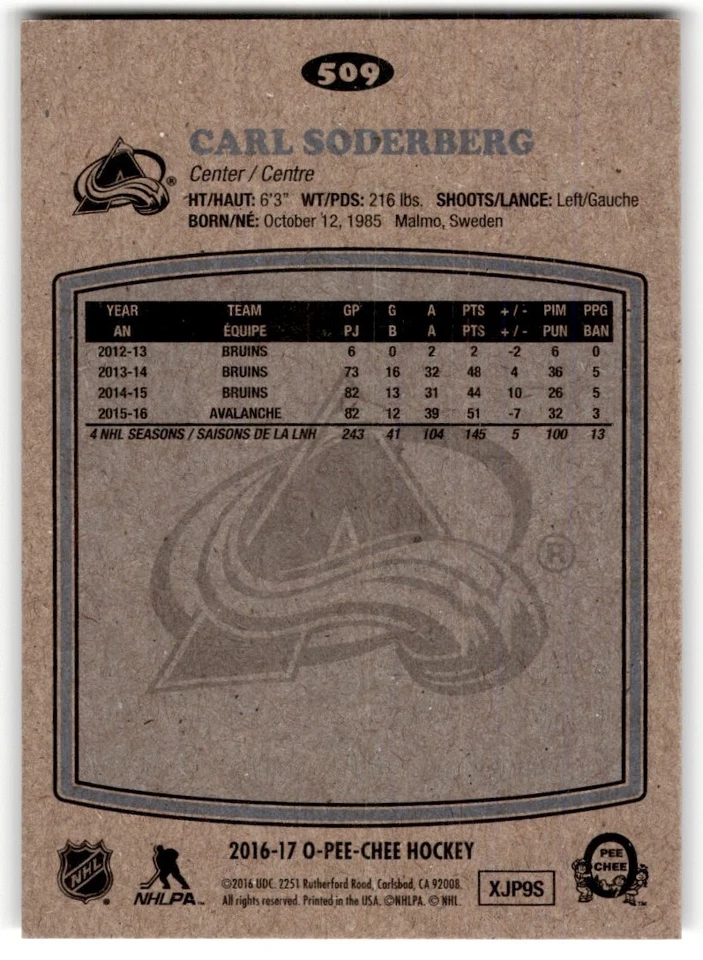 Carl Soderberg 2016-17 O-Pee-Chee Retro #509 Colorado Avalanche - Image 2 of 2
