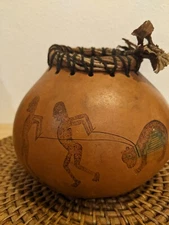 Moki Painted Gourd art Vessel Vase Pot Mimbres Signed Barbara Murphy - Bear